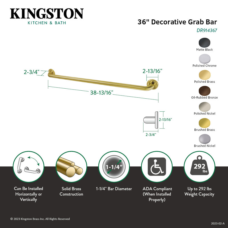 Kingston Brass Camelon 1-1/4 Inch O.D Grab Bar, 36" W, Polished Brass