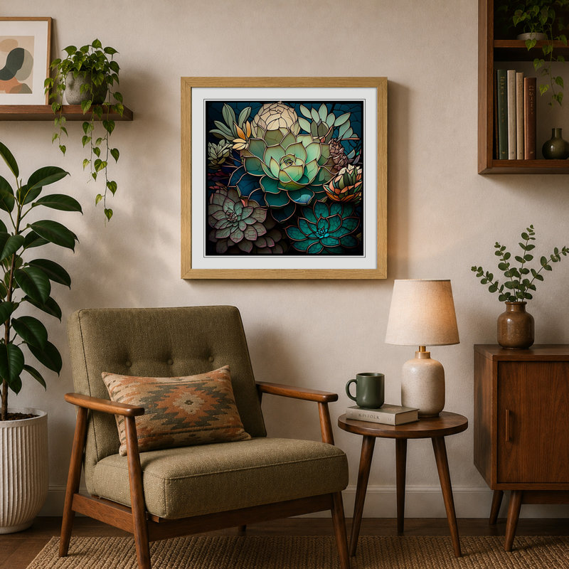 Succulent Stained Glass Effect - Framed Print, Oak