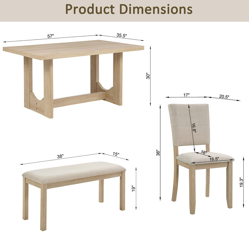 6 Piece Dining Table Set with Bench, Wooden Rectangular Kitchen Table Set with Bench and 4 Upholstered Chairs, U-shaped base