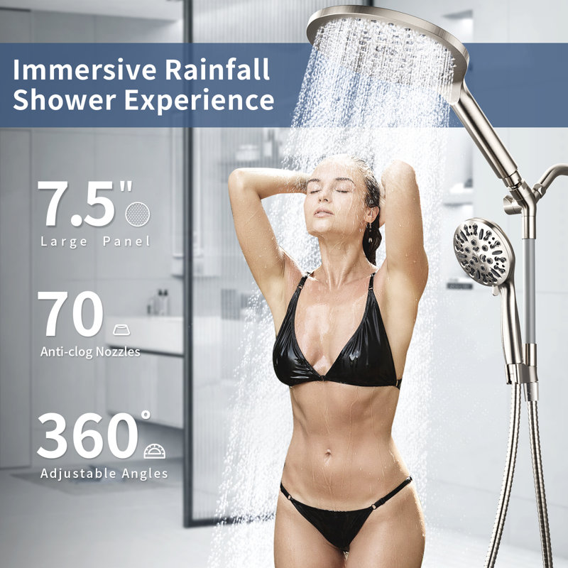 Brushed Nickel High Pressure Dual Shower Head Combo With 9-Mode Handheld And 79" Hose, Brushed Nickel