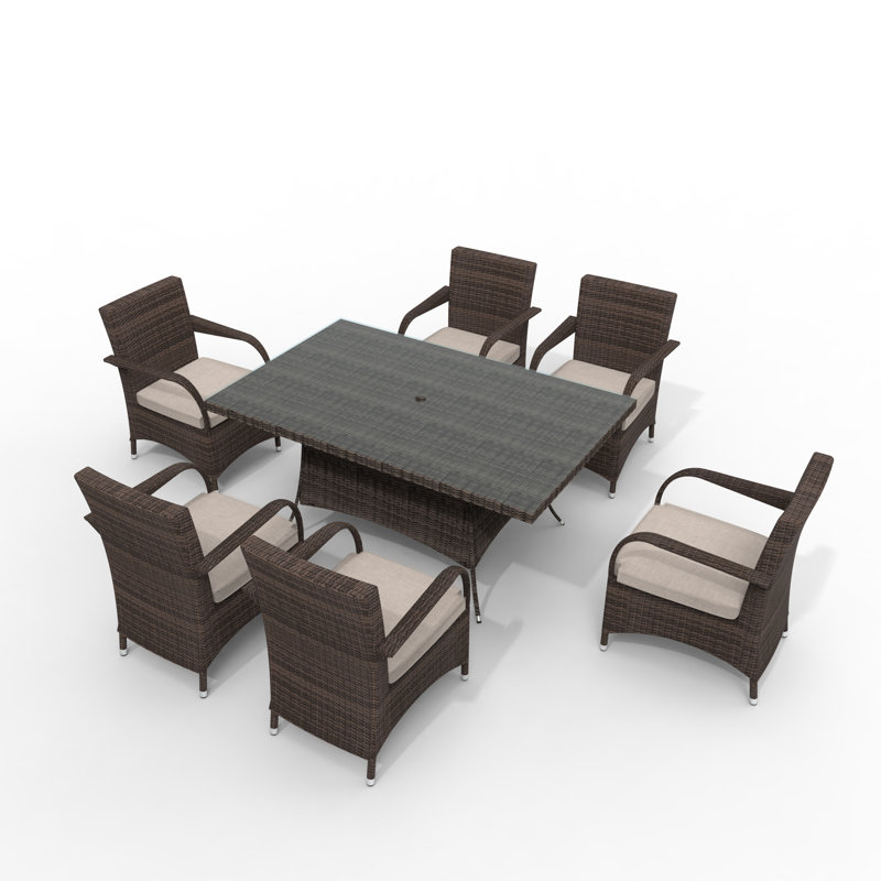 Ensemble repas pour terrasse en osier pour 6 personnes avec table rectangulaire Artherine, coussins inclus, Brun