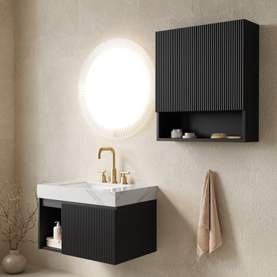 Ensemble meuble-lavabo suspendu EIDEN 76 cm + TOBI 66 cm, avec rangement intégré, comptoir en pierre frittée blanche de Carrare, lavabo en céramique, 3 trous pré-percés pour robinetterie, robinetterie et bonde non inclus, couleur noir