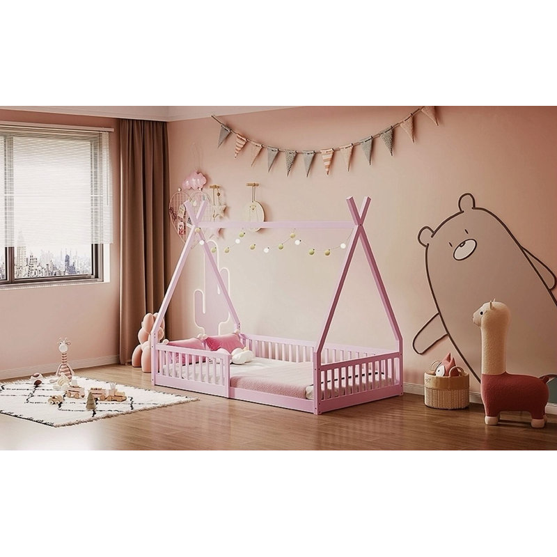 Lit maison en bois avec clôture Kitzie, Blanc
