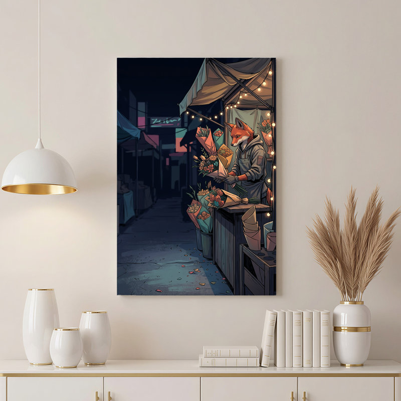 «Fox Vendor with Wrarap Flower Bouquets at Night Market», art mural sur toile, H 24 po x l 16 po