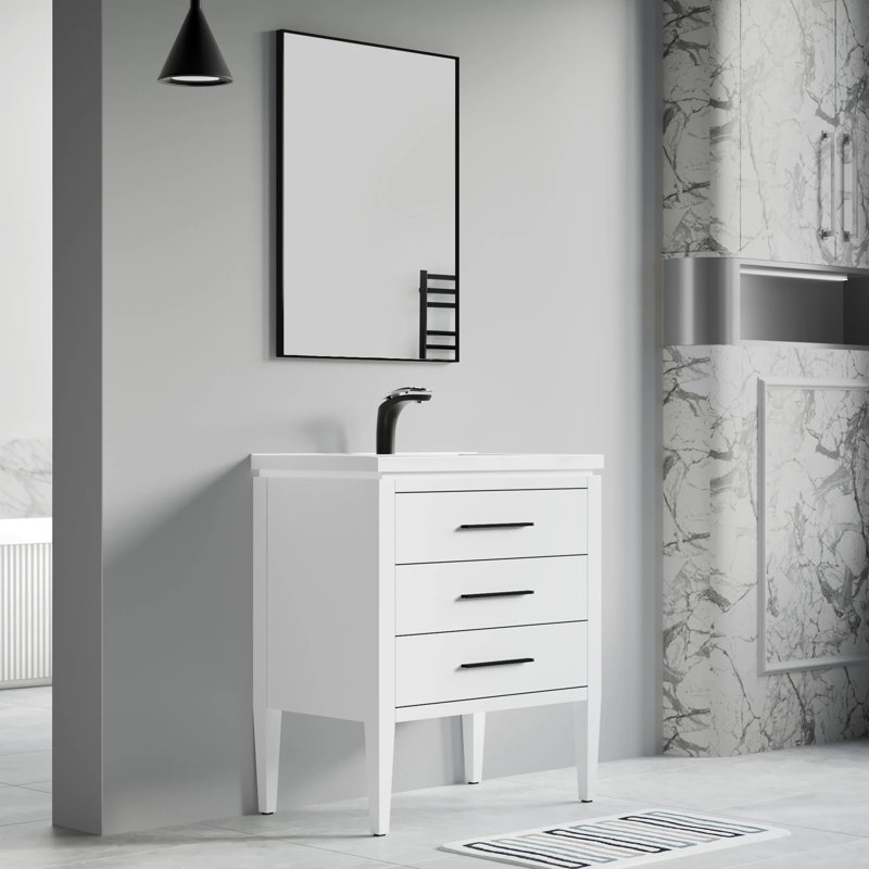 Wonderlin 30'' Single Bathroom Vanity with White Ceramic Top – Soft Close Drawers & Freestanding Design, White/Black