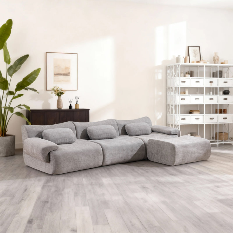 Canapé modulaire modulaire en chenille 3 places avec repose-pieds et coussins ergonomiques, Gris chenille