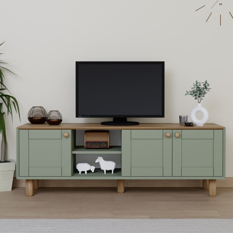 Modern Green TV Stand with Multiple Shelves, 63.0 x 22.0 x 15.7 inches | 100% Melamine Coated Particle Board, Thickness: 0.7 inches | Wall-Mountable, Scandinavian Design, Stylish & Functional for Living Rooms