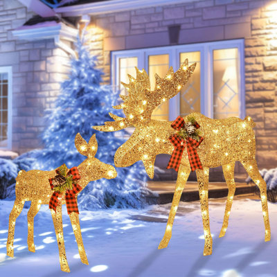 2-piece Moose Family, Lighted Outdoor All-weather Christmas Yard Decoration Light-up Décor Set-170 Led Lights
