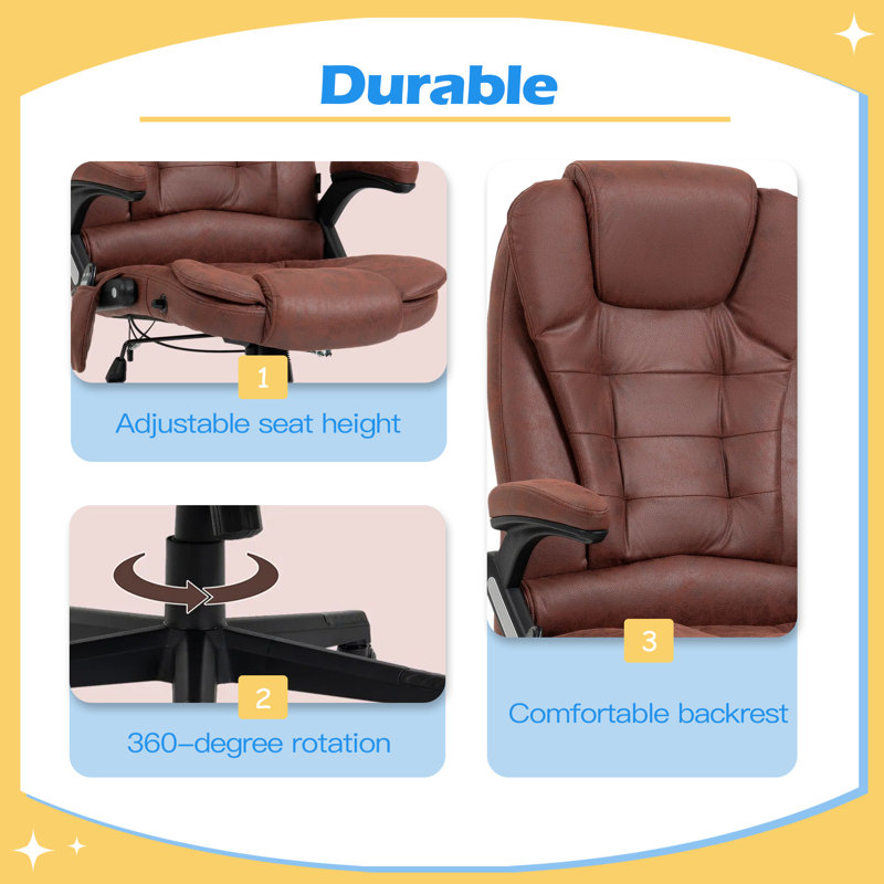 Fauteuil de bureau à 6 points de massage vibrant avec chaleur, fauteuil de direction en microfibre à haut dossier avec dossier inclinable, accoudoirs rembourrés et télécommande