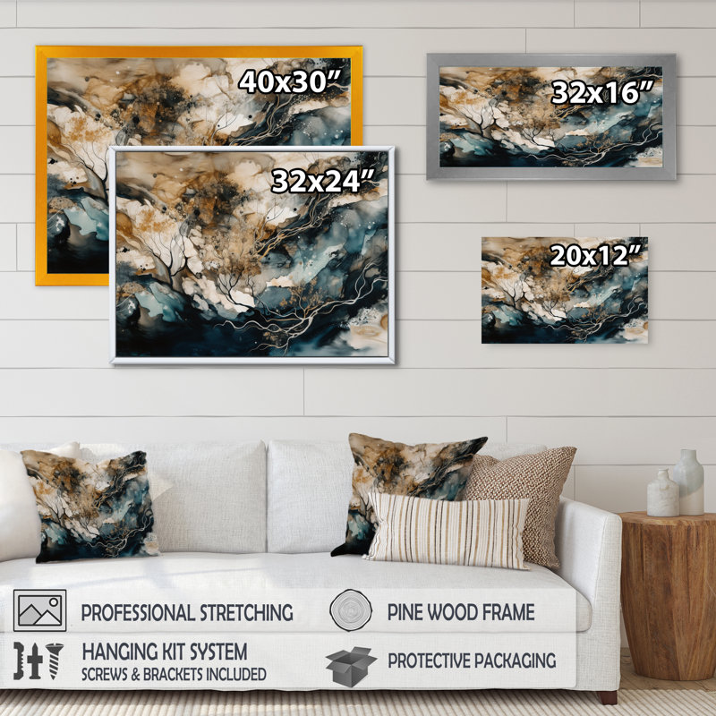 «Blue Beige Marbré Dreamscape IV», reproduction d'art sur toile, Cadre photo noir, H 12 po x l 20 po x P 1 po