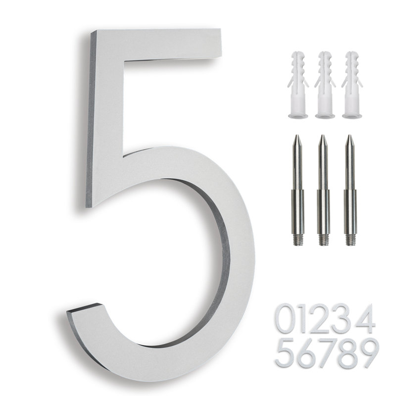 Numéro de maison 8 po en aluminium massif antirouille, flottant ou encastré, Argent givré, #5