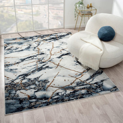Tapis à motif de marbre 5 pi x 7 pi pour le salon, bleu or blanc