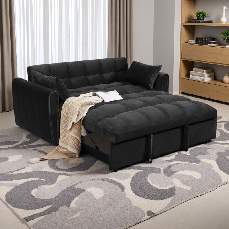 Foldable large size sofa bed, modern velvet double sofa, sofa bed with adjustable back, storage bag and pillow, suitable for living room, bedroom