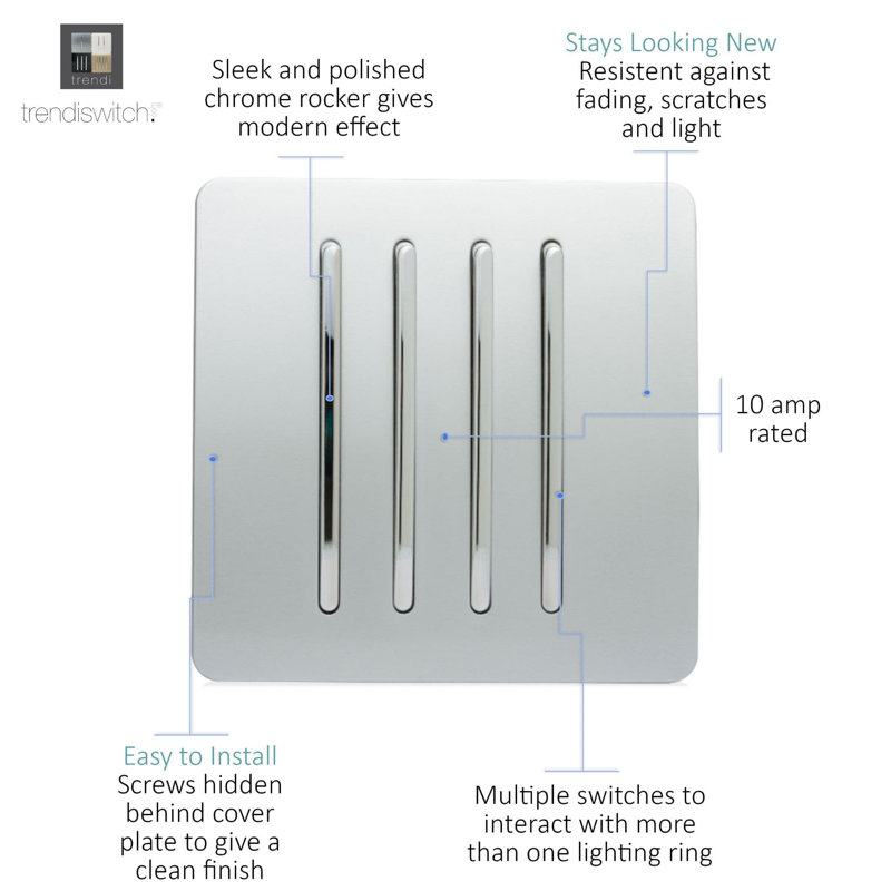 Trendi Switch 4 Gang 1 or 2 way Rocket Light Switch, Silver