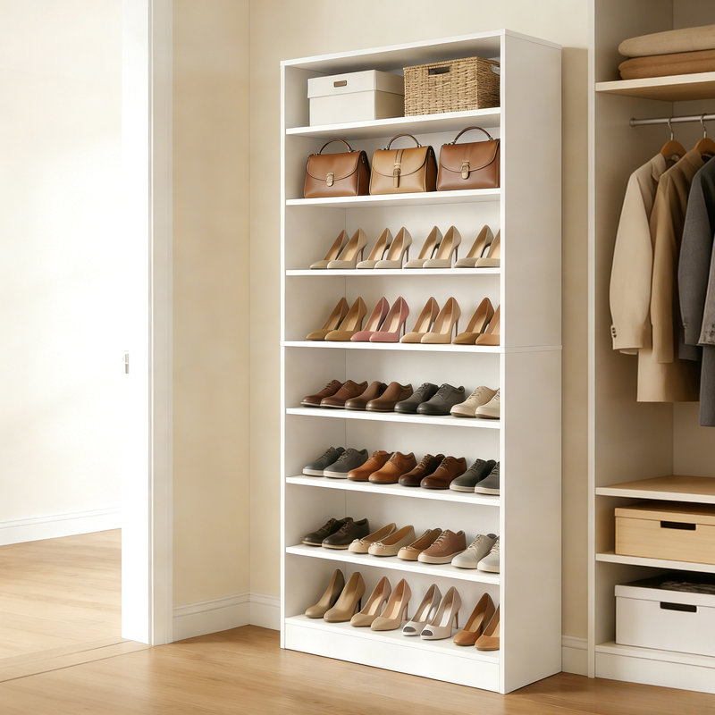 Armoire à chaussures blanche à 9 niveaux avec rangement ouvert et tablettes réglables, peu encombrante pour le salon