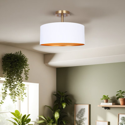 REXTON 13 In. 2-Light 60-Watt Contemporary Matte White Semi-Flush Mount With Matte White With Gold Metal Shade