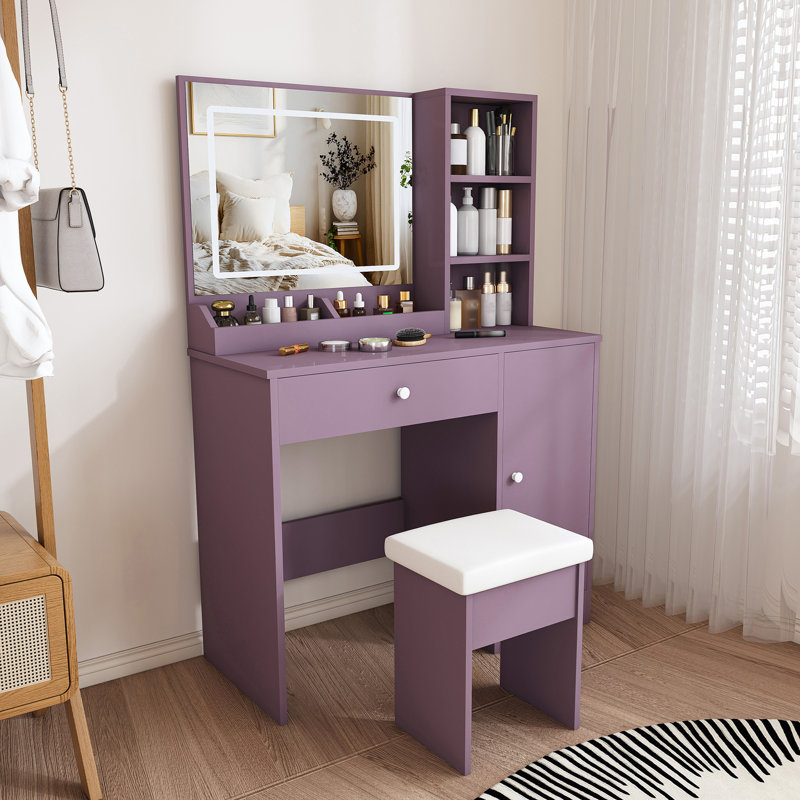 Ensemble de meuble-lavabo élégant avec tabouret rembourré et miroir lumineux à DEL réglable (3 modes de couleur)