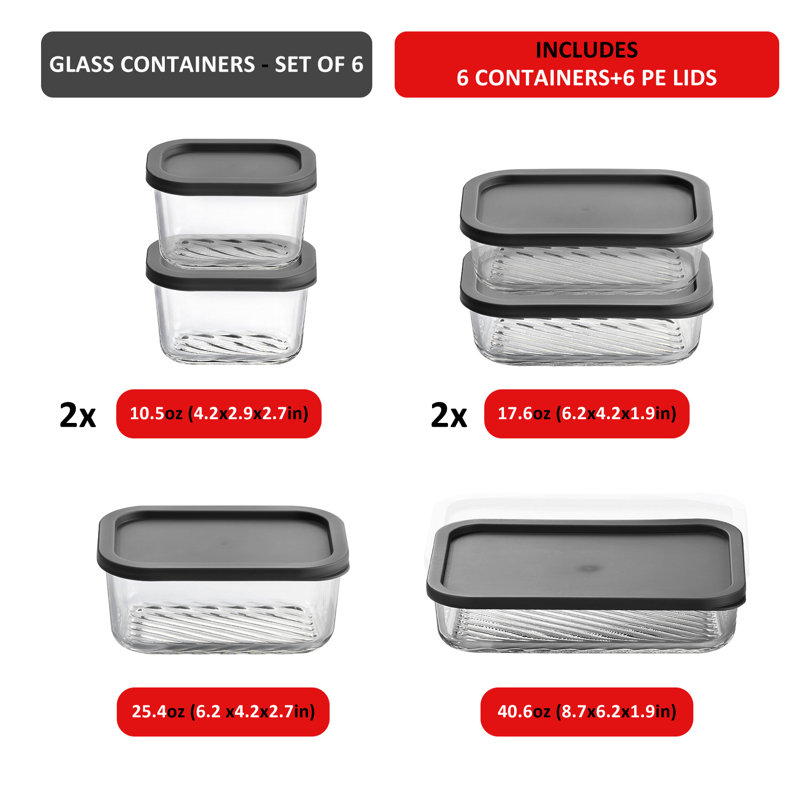 12 récipients en verre hermétiques pour la préparation et le rangement des repas avec couvercles, Grey, 12 pièces