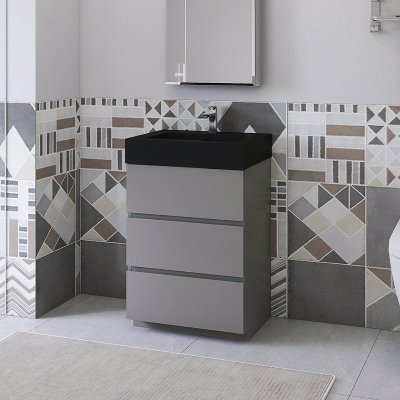 Meuble-lavabo simple 24 po avec surface solide Saunder, Noir mat, Gris