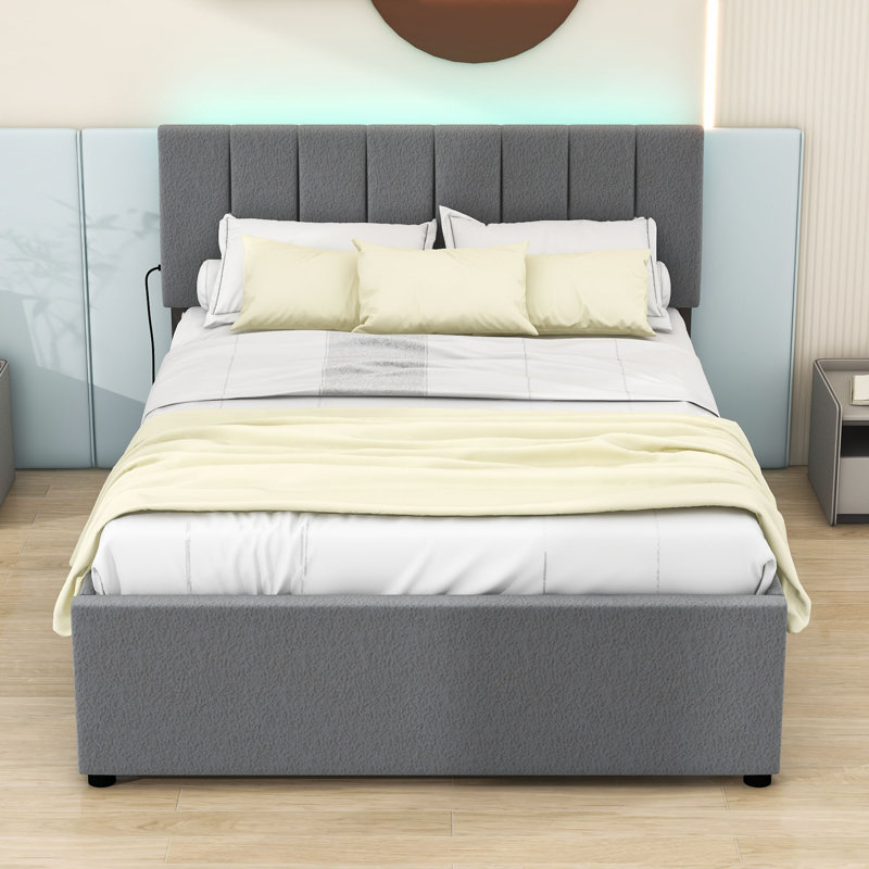 Lit plateforme tapissier en bois avec lit gigogne et tête de lit, gris, Complète