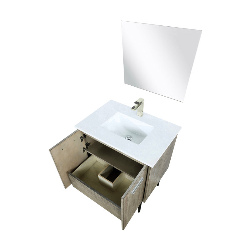 Meuble-lavabo rustique de 76 cm de large avec comptoir en quartz effet rayé, robinetterie en nickel brossé et miroir décoratif mural de 71 cm avec dessus blanc, décoration incluse
