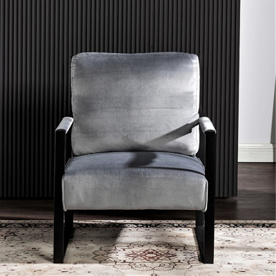 Armchair In Grey Velvet With Metal Support, For Living, Bedroom, Office Spaces Mid Century Modern Accent Chair Velvet, Construction Longevity