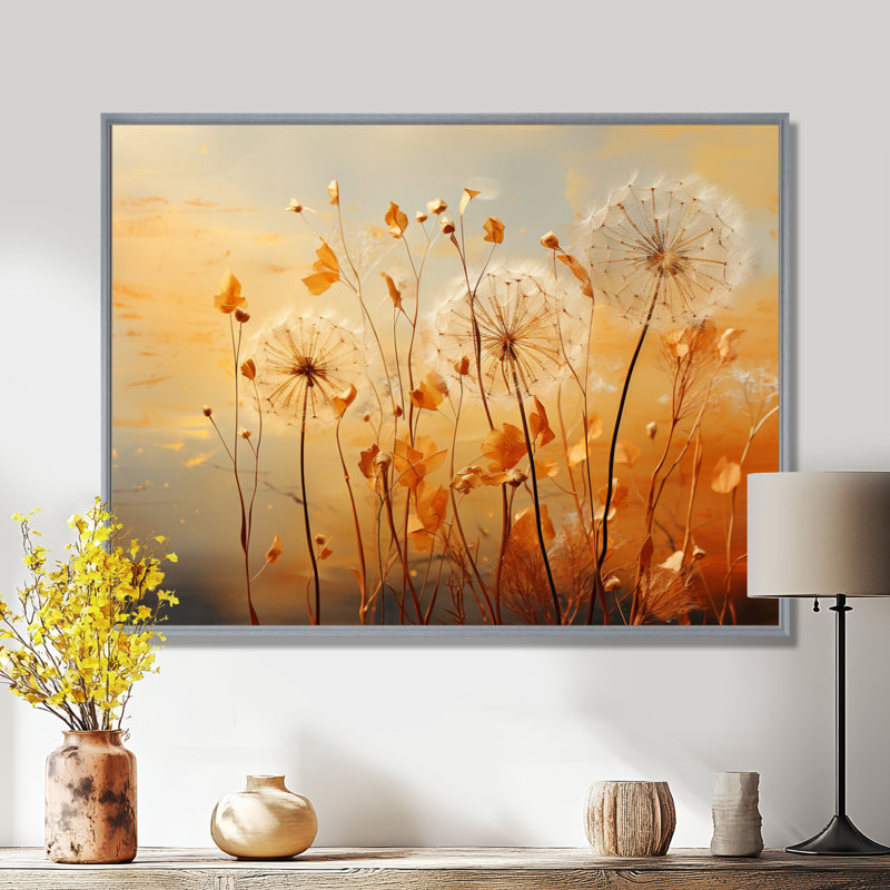 «Orange Dandelion Dreams I», reproduction d'art sur toile encadrée, H 12 po x l 20 po x P 1 po, Encadrement argenté