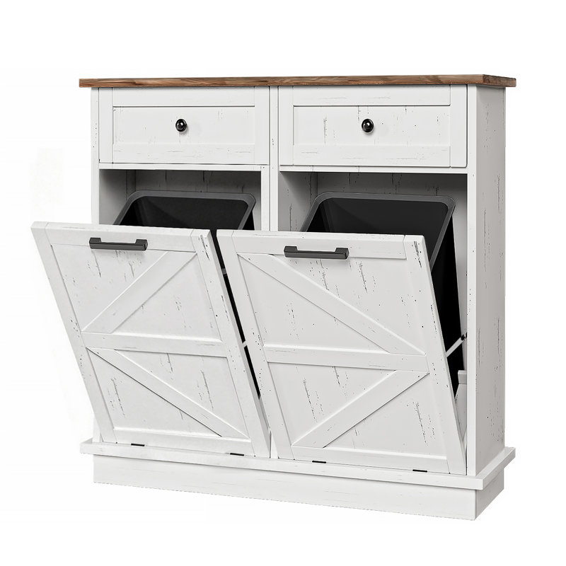 Armoire à poubelles et recyclage à double ouverture basculante de 100 cm avec 2 tiroirs, 2 bacs de 38 litres, rangement pour cuisine et buanderie de style campagnard (bacs non inclus)