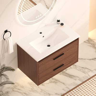 30" Reddish Brown Wall Mounting Bathroom Vanity, Soft Close 2 Drawer, Cabinet And Ceramic Sink For A Lasting Charm Look