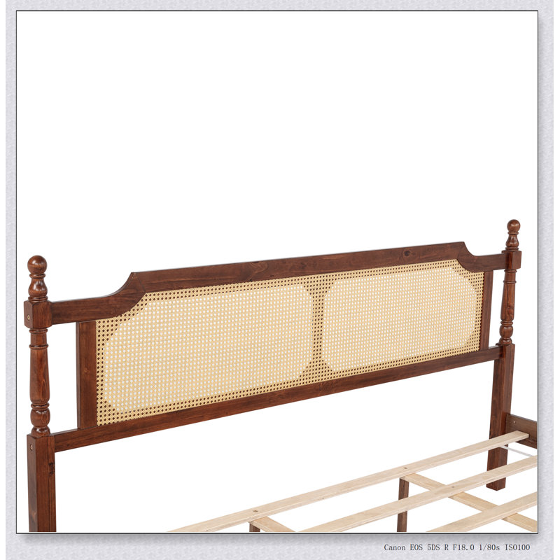 Lit en bois de pin avec tête et pied de lit en rotin - Plateforme centrale améliorée - Rangement sous le lit, aucun sommier nécessaire (lit seulement, aucun matelas inclus)