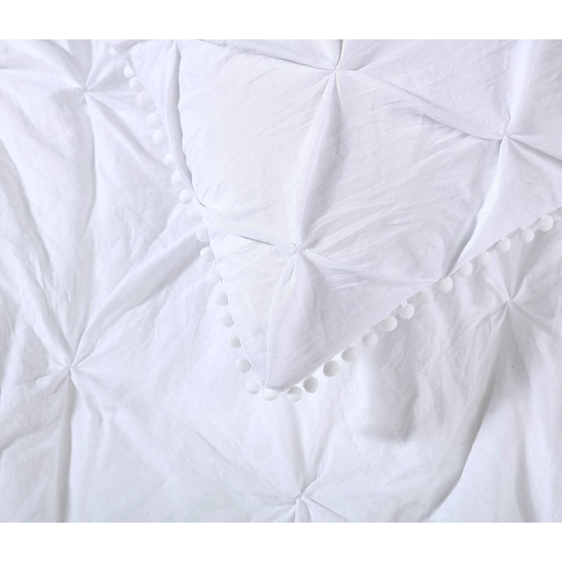 Natalia Washed Microfiber Pom Pom Pintuck Pleat Comforter Set, White, Full Comforter + 2 King Shams