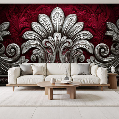 Papier peint adhésif rétro en damas rétro avec détails métalliques symétriques et doux, H 69 po x l 96 po, papier peint amovible en PVC, autocollant pour chambre à coucher, bureau à domicile