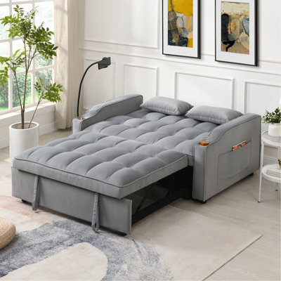 Modern Velvet Loveseat Futon Sofa Couch W/Pullout Bed,Small Love Seat Lounge Sofa With Adjustable Reclining Backrest,Toss Pillows, Pockets,Furniture For Living Room,3 In 1 Convertible Sleeper Sofa Bed