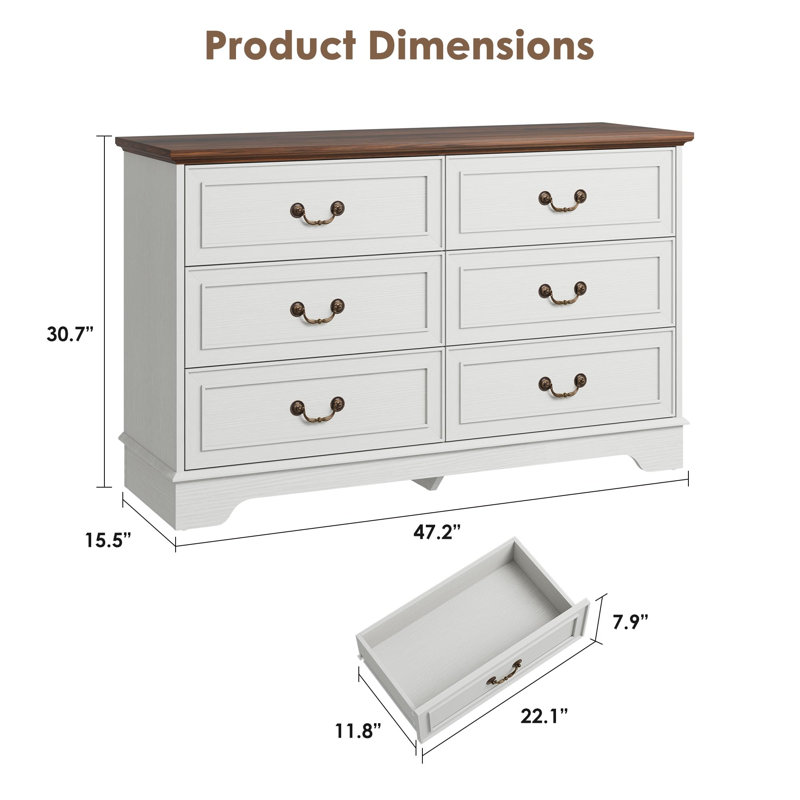 47 Inch Wide 6 Drawer Dresser – Double Vintage Chest of Drawers, Organizer for Bedroom, Living Room, Hallway, Entryway (White and Brown)