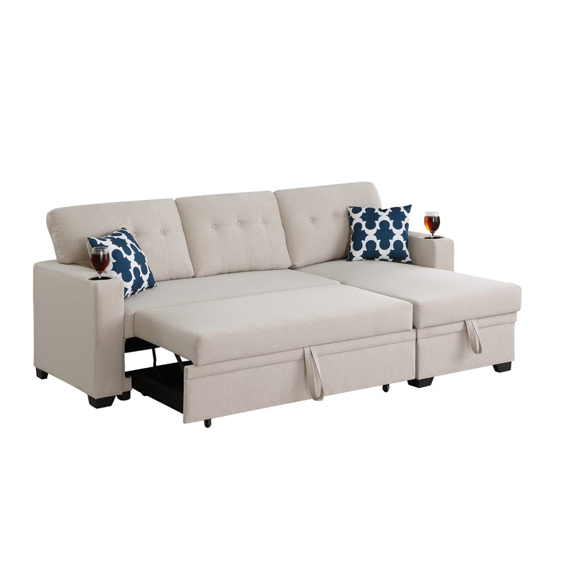 82" Width Sectional With Storage Chaise And Cupholder Armrest, Beige Linen