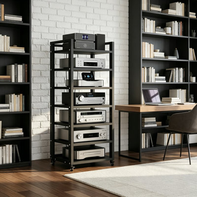 7 Tier AV Media Stand, 55 Inch Audio Tower Rack for Stereo Receiver, CD Player, Home Theater Equipment, Adjustable Wood Shelves, Heavy Duty Steel Frame, 400 lbs Load Capacity