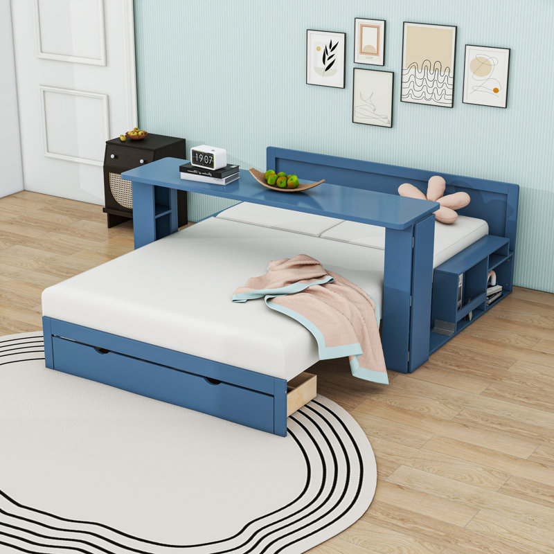 Multifunctional Daybed with Drawers and Desk,Shelves, Blue, Full/Double