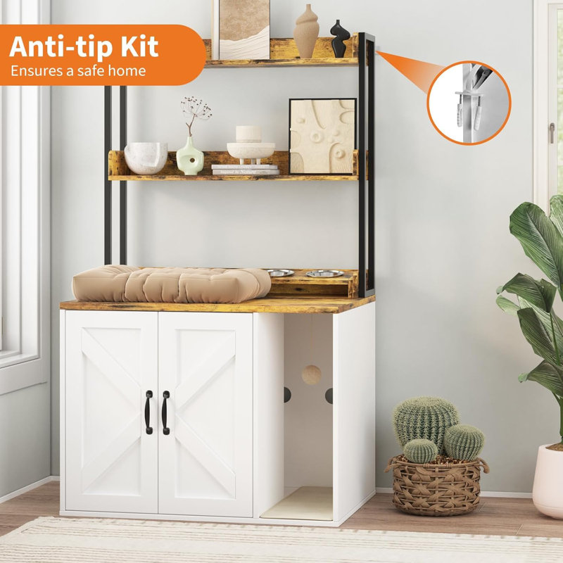 Enceinte de litière pour chat H 55 po - Meuble caché avec 2 tablettes de rangement, prises de recharge, blanc et brun rustique