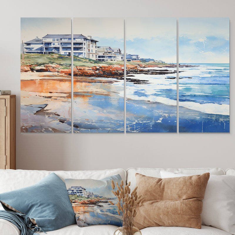 «White Beach Mansion Quiet Summer Waves - Art mural sur toile plage et océan 4 pièces, H 28 po x l 48 po