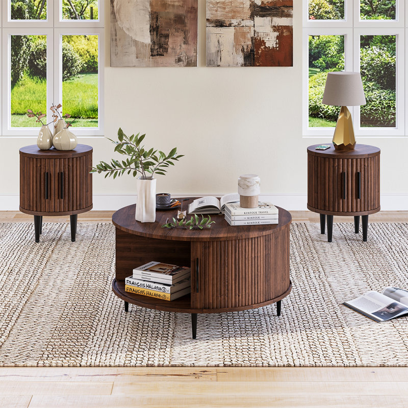 3 Piece Living Room Table Set, With Hidden Storage: Flip-top Lid & Sliding Doors, Brown, Brown/Black