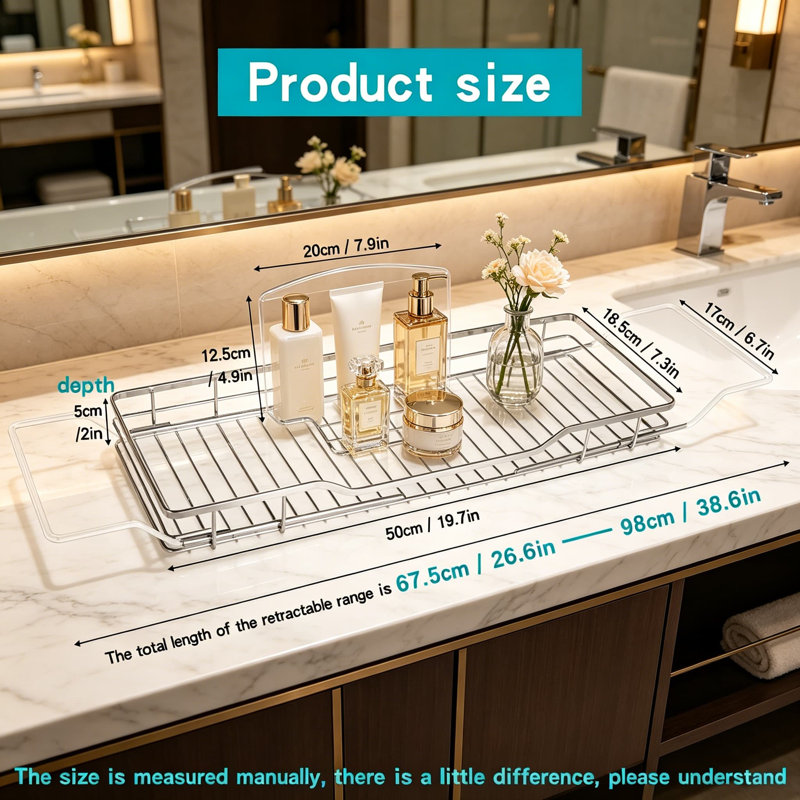Plateau de baignoire réglable, organisateur de salle de bain en acier inoxydable 304, support de baignoire multifonctionnel avec support de lecture extensible pour tablette ou téléphone portable