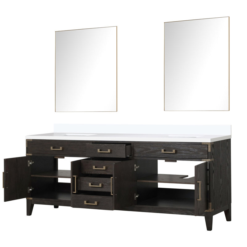 Meuble-lavabo double avec plateau en marbre de culture, 36 miroirs, système de fermeture en douceur et rangement, marbre scellé à la main, miroirs