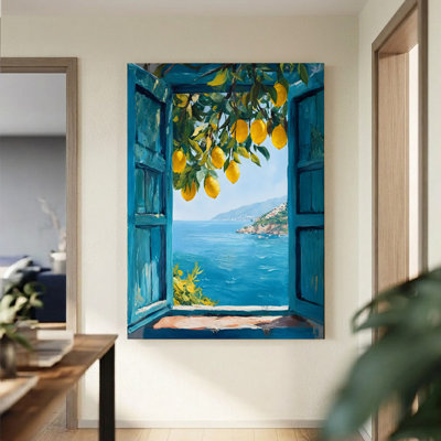 Mediterranean Lemon Tree Window Framed Canvas Wall Art - Amalfi Coast Sea Landscape Painting Poster Print for Dining Room & Kitchen