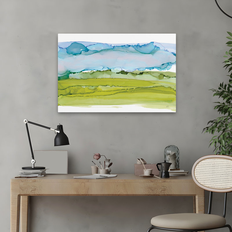 Ciel teinté I - art abstrait à l'encre bleue et verte, H 16 po x l 24 po