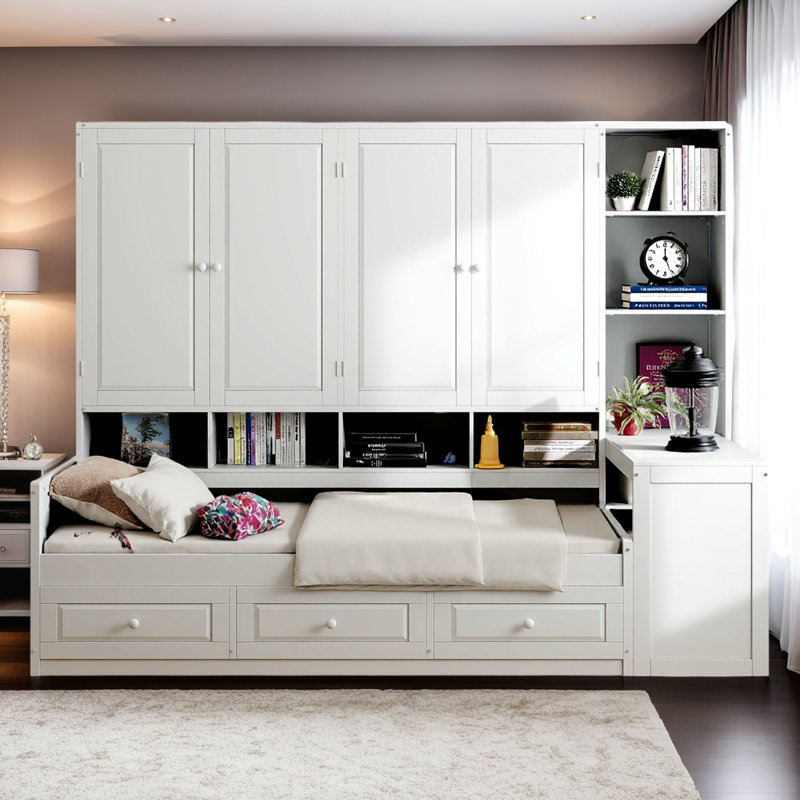 Lit de jour en bois avec bureau, armoires, tablettes ouvertes et tiroirs de rangement, lit multifonctionnel, Lit simple