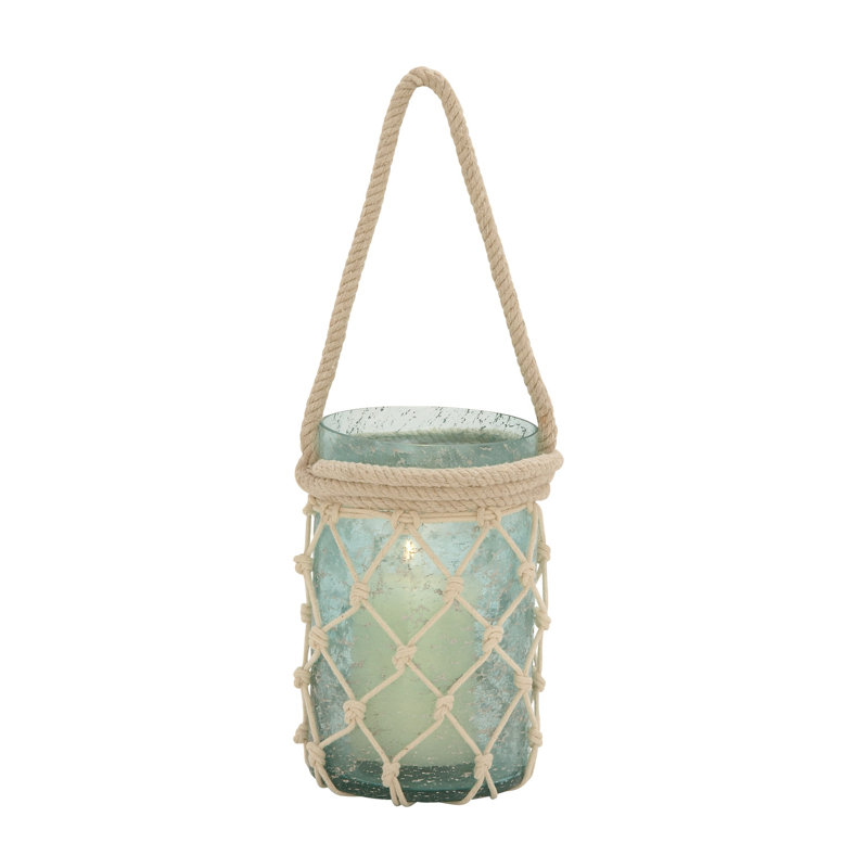 Lanterne décorative d'intérieur en verre avec poignée en corde, Île Seymour Nord, Galapagos, 16" H x 5" W x 5" D