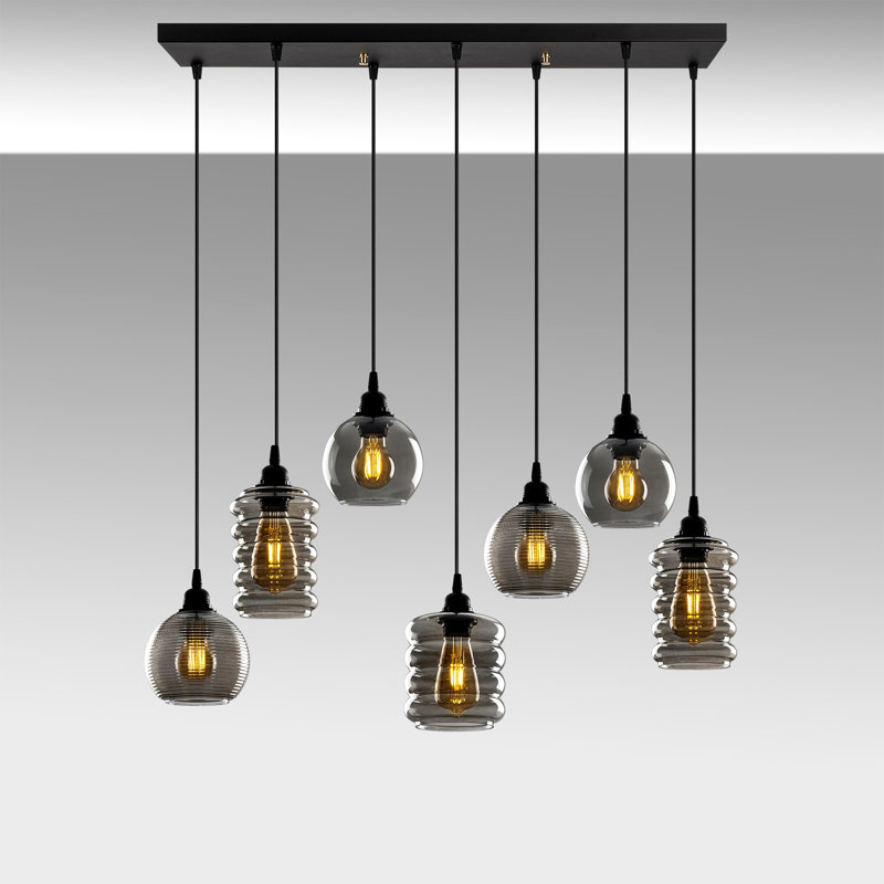Lustre scandinave Nostalgic, couleur fumée, hauteur réglable, 32,7 po x 13,8 po | Corps en fer, 7 douilles E27 de 40 W maximum | Comprend 1 capuchon (5,5 x 8,7 pouces) et 4 capuchons (5,9 x 5,9 pouces) | Éclairage élégant pour les maisons modernes