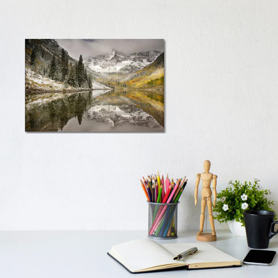 Snow Covered Maroon Bells and Their Reflection in Maroon Lake, White River National Forest, Colorado, USA 1 Piece Wall Art on Canvas