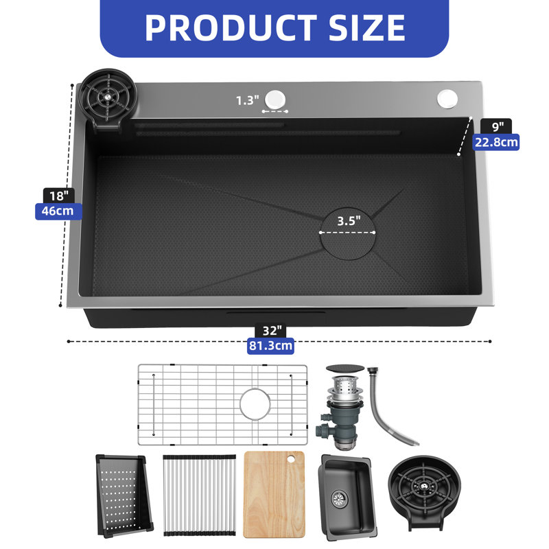 32" Stainless Steel Drop-In Kitchen Sink with Cup Washer and Nano Coating 