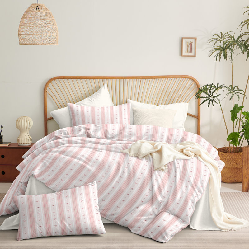 Ensemble d'édredon à motif géométrique Bowknot, Édredon grand + 2 taies d'oreiller standard, Rose